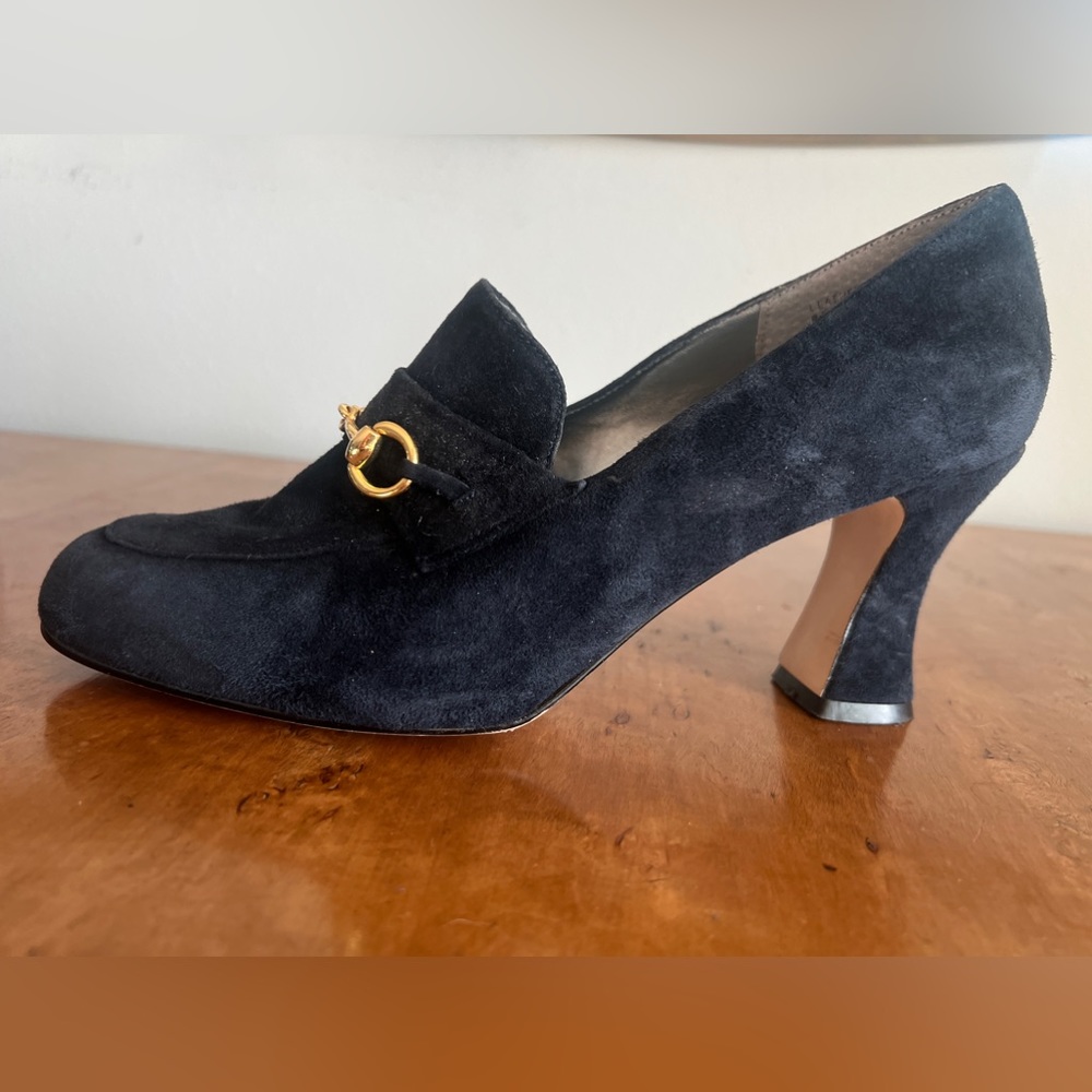 Horsebit Vintage inspired Navy Blue Suede Leather Loafers Heels  Sz 10